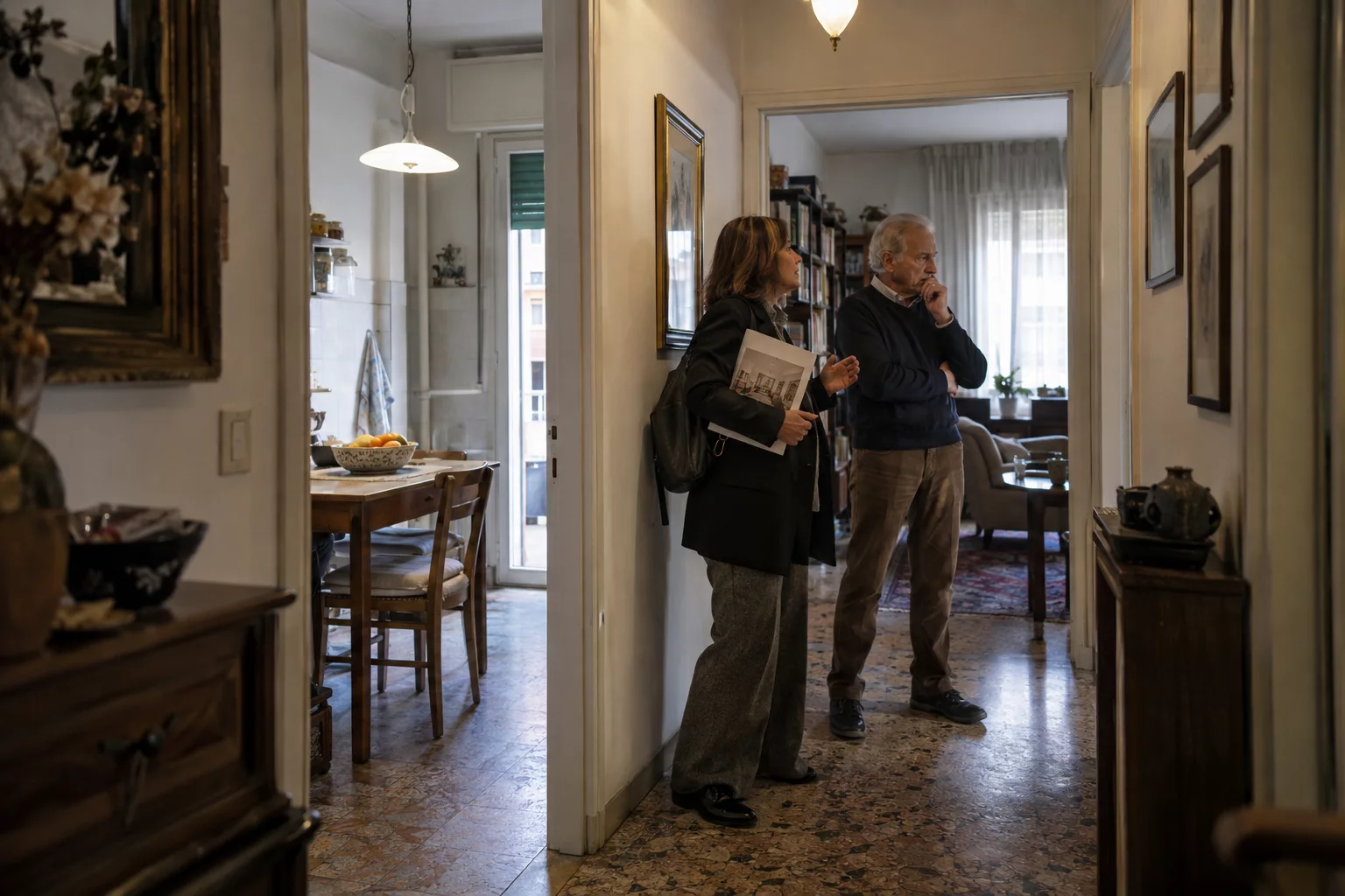 Un’agente immobiliare ascolta un proprietario nel suo appartamento prima di costruire la proposta di vendita.