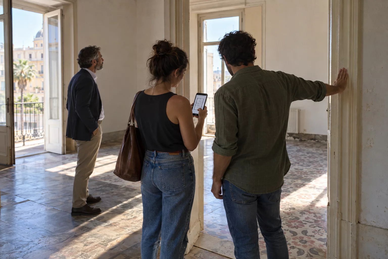 Una coppia visita un appartamento a Palermo dopo averne consultato la planimetria sul telefono.