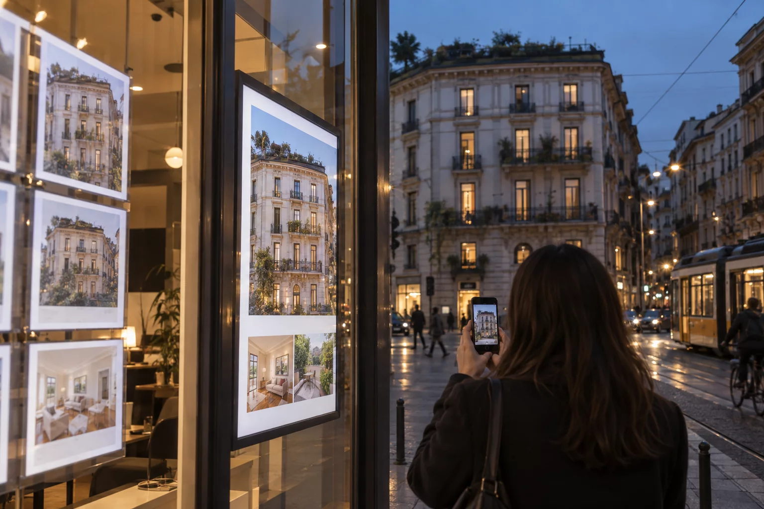 Una vetrina di agenzia a Milano collega l’immobile reale ai contenuti della campagna sul telefono.